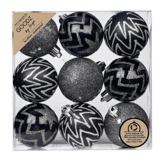 Inge Glas - Dekorierte Kugeln in Box / 9 Stück - Schwarz/Silber