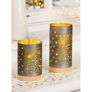 Gilde - Windlicht LED - Sternmotiv - Glas/Holz - 20 x 10 cm - 15 LED´s - grau