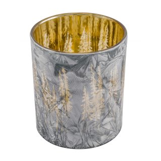 Gehlmann - Glaswindlicht mit Tanne - gefrostet - 10 cm - grau/gold