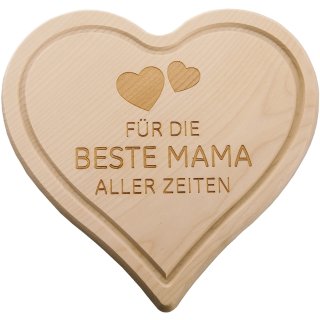 Spruchreif - Herzbrettchen -Für die beste Mama aller Zeiten - mit Saftrille - 24 cm x 24 cm x 1,5 cm - hellbraun - Ahorn